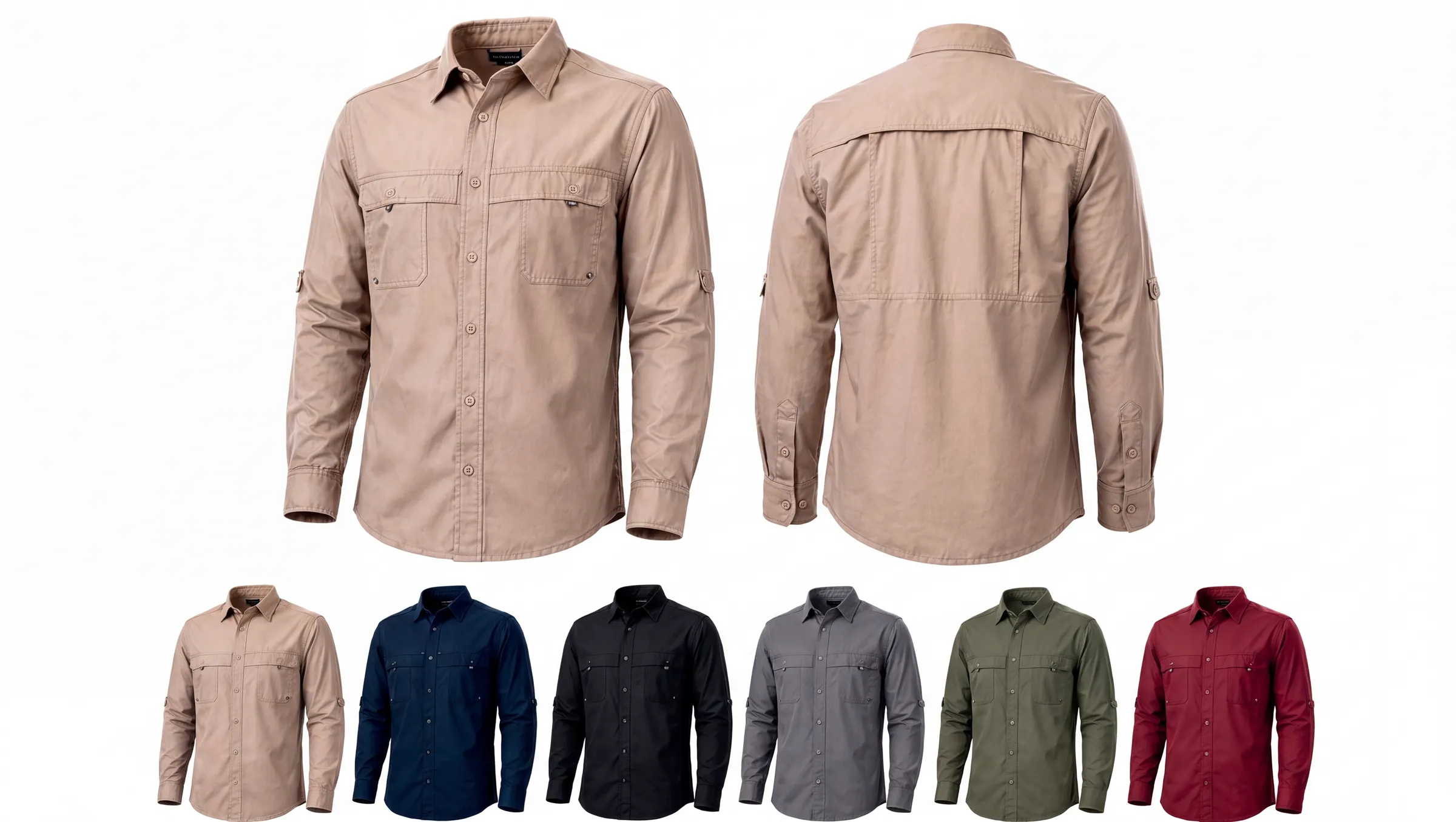 Camisa tipo Columbia en caqui, con variantes en azul marino, negro, gris, verde olivo y vinotinto
