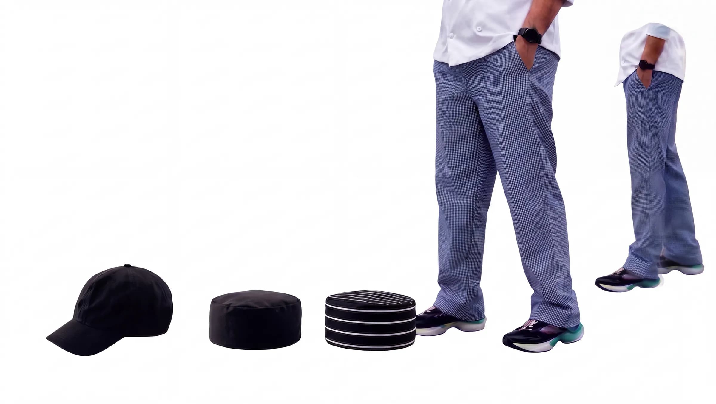 Gorra negra, gorros de chef y pantalón de cocina con estampado pied-de-poule