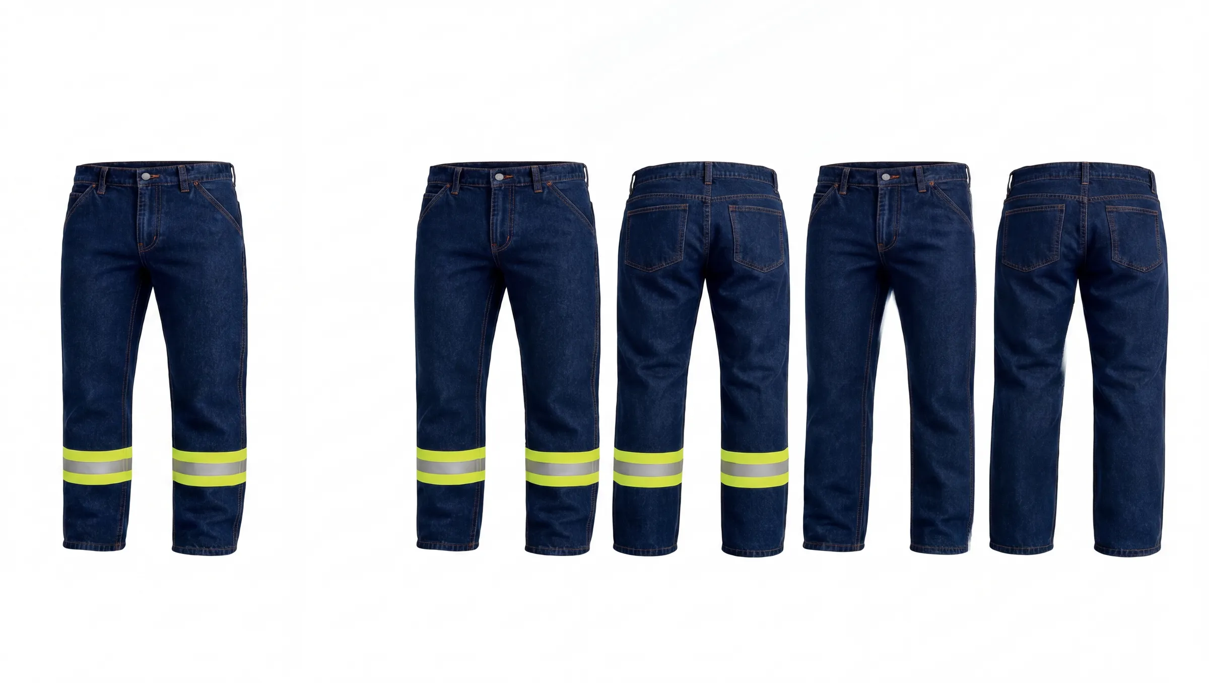 Pantalones de denim azul con cinta reflectiva amarilla en las piernas