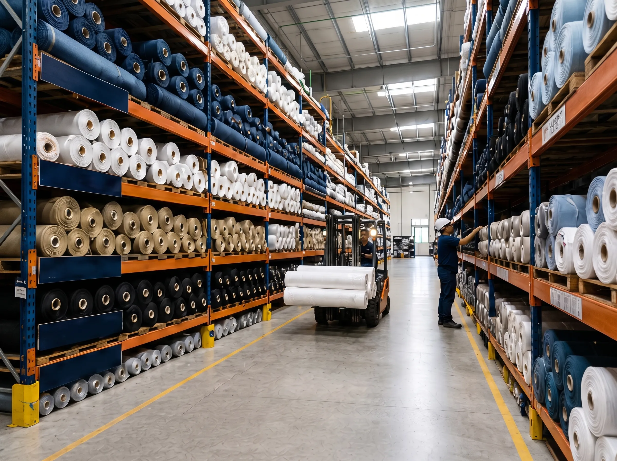 Bodega de telas con estanterías altas llenas de rollos en azul marino, beige y blanco, y un montacargas en el pasillo