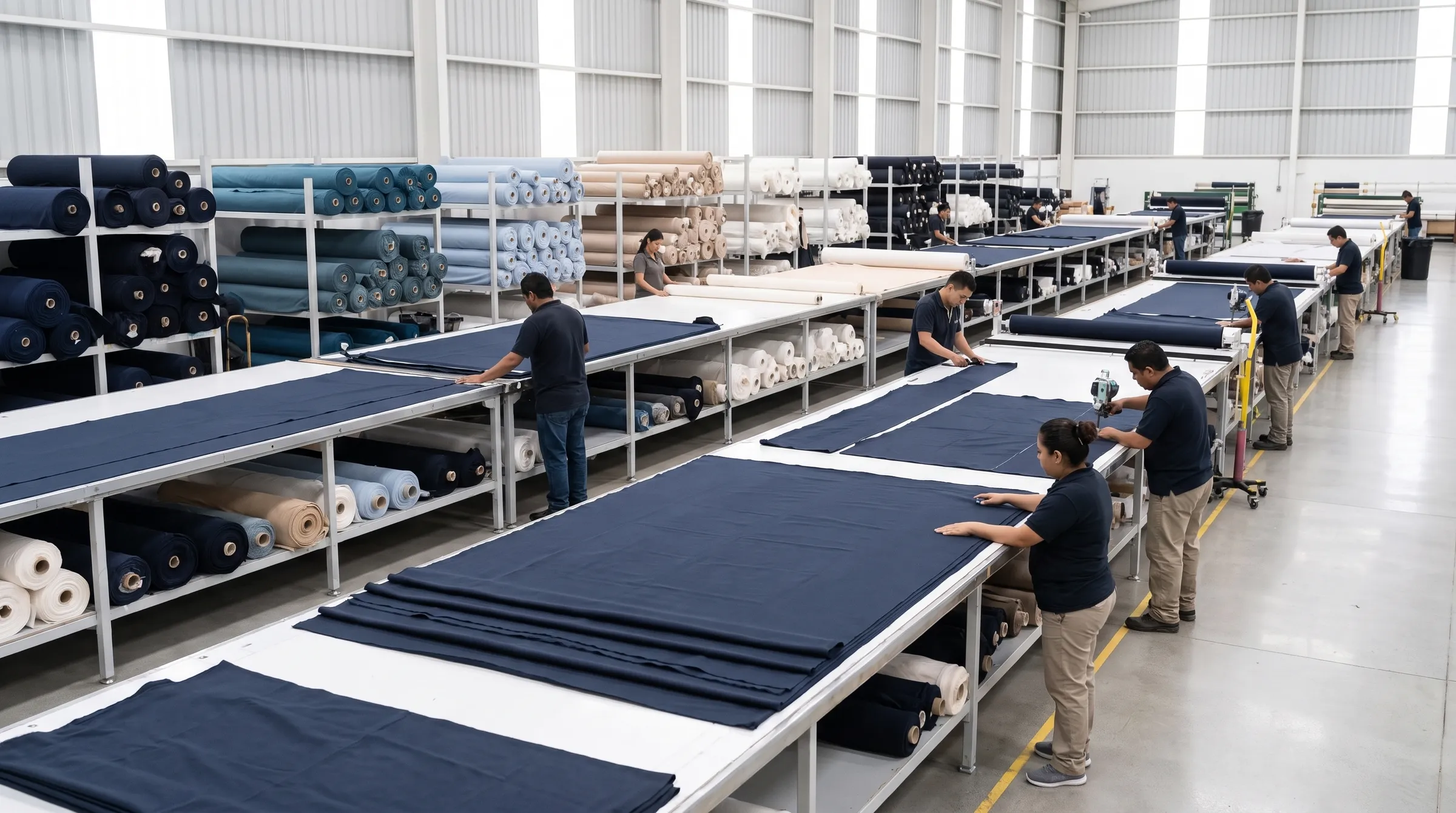 Mesas de corte largas con tela azul marino extendida en capas y operarios trabajando a lo largo
