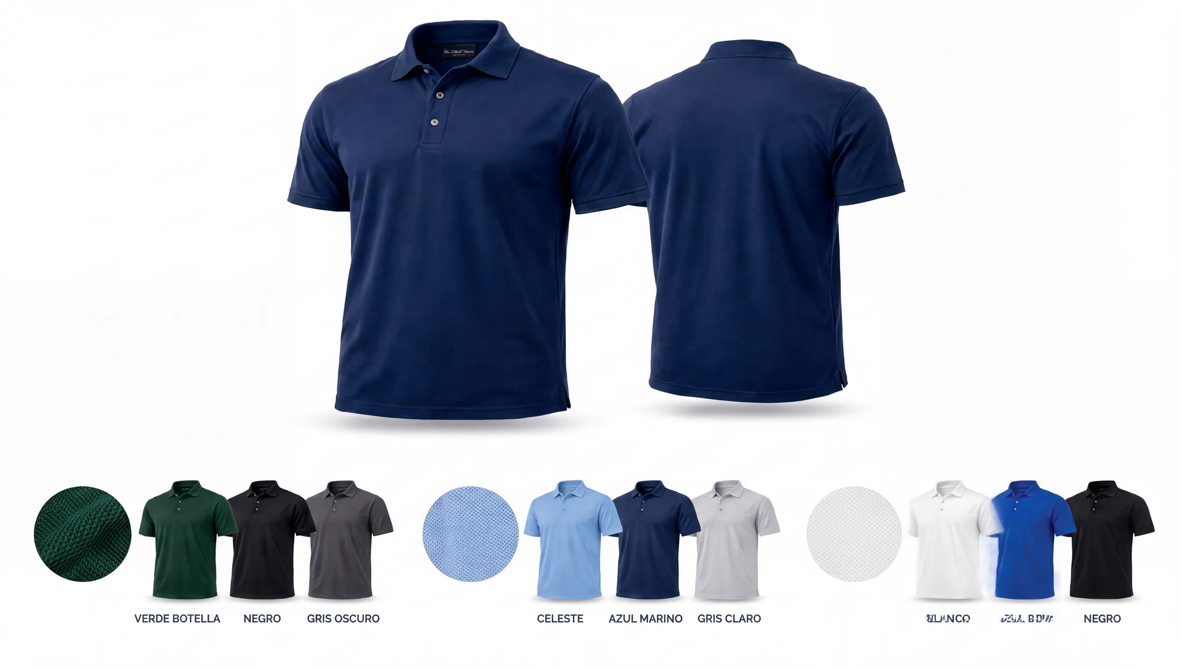 Polo azul marino de frente y espalda, con muestrario de colores en interlock, warp piqué y piqué