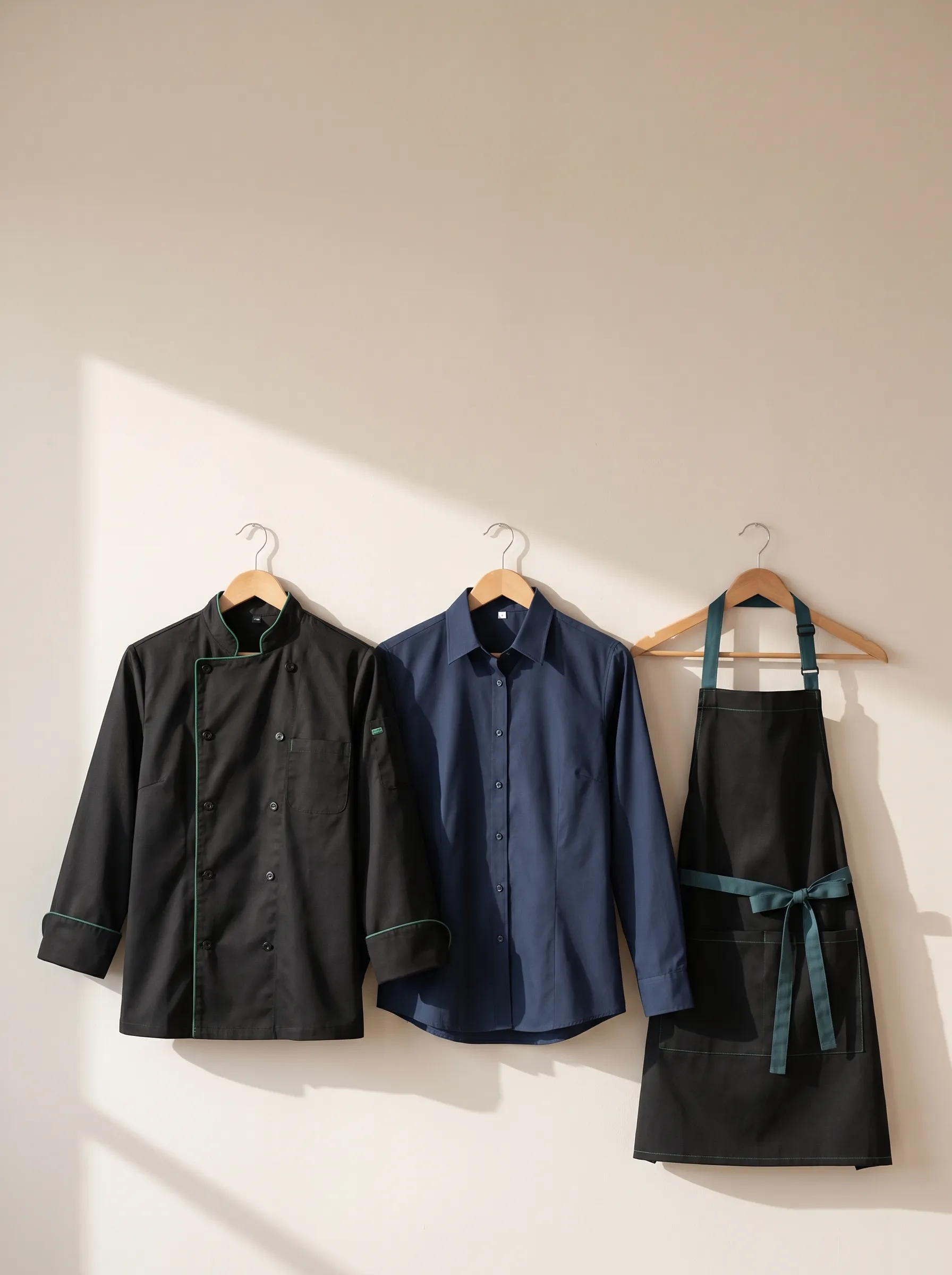 Filipina de chef negra, camisa corporativa azul marino y delantal colgados en perchas de madera