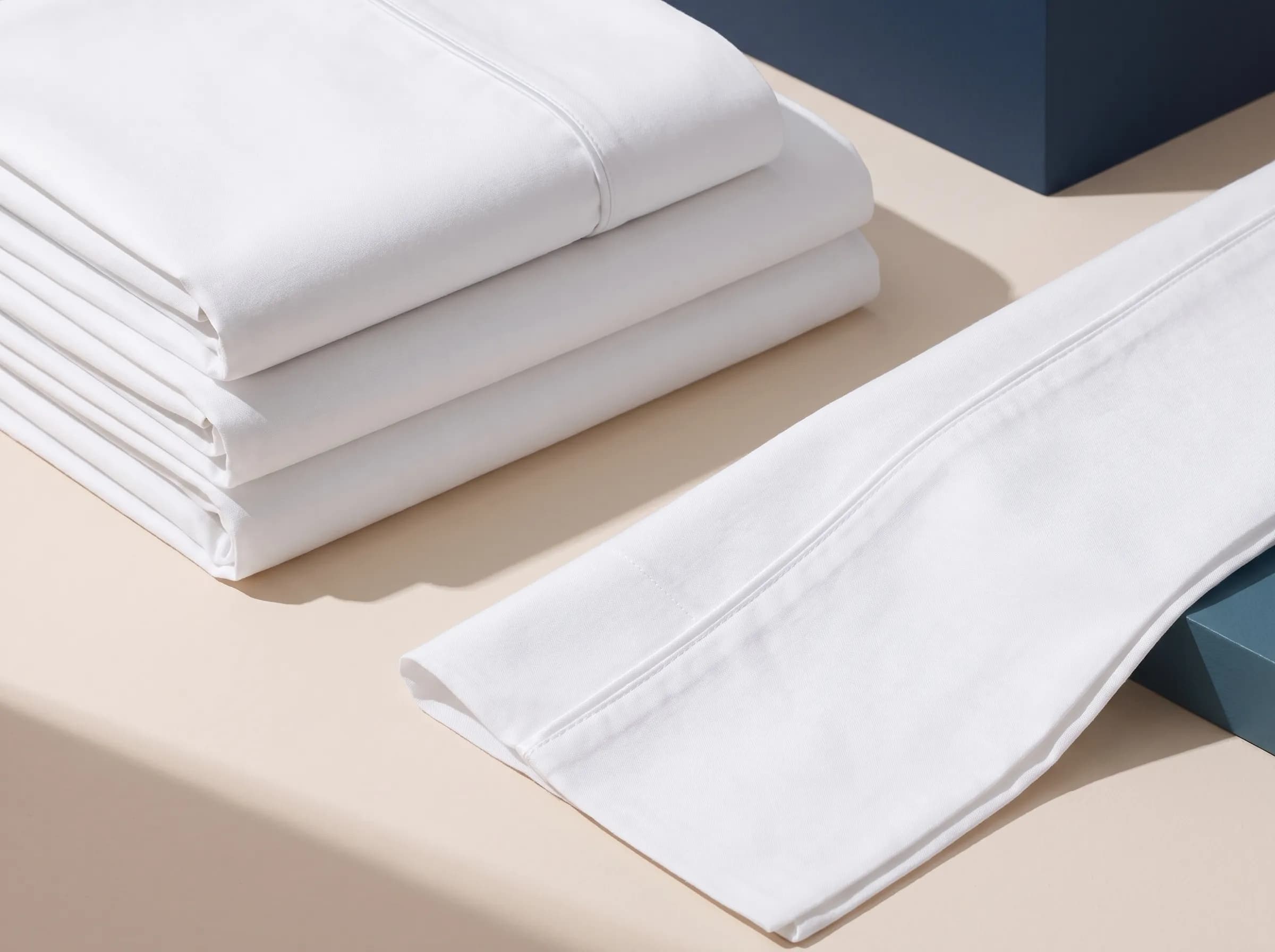 Juego de sábanas de algodón blanco dobladas y apiladas, con una esquina extendida que deja ver el tejido